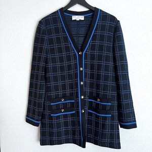 St John Plaid Long Cardigan Sweater Size 8 Black Blue